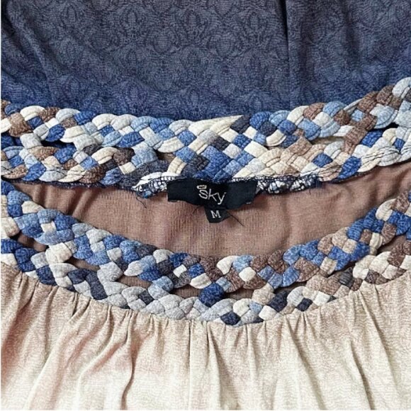 Sky Ombre Braided Neckline Boho Blouse Sky Blue Beige M L Tunic Top Boutique - Picture 8 of 9